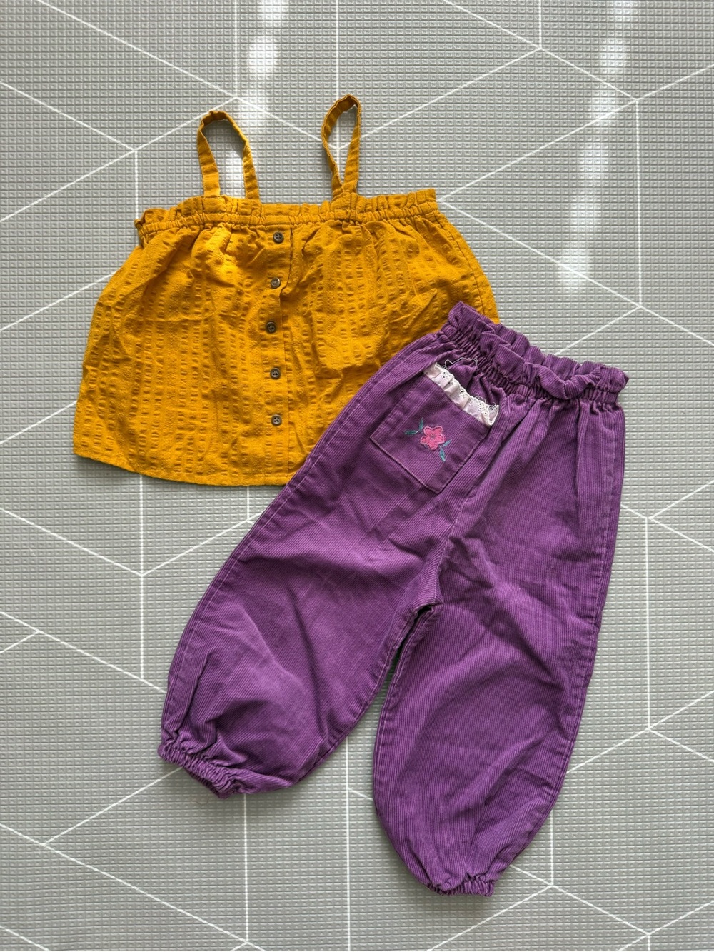 Vintage|Baby girl set,Mustard Yellow button Tank & corduroy pants-lace & floral•